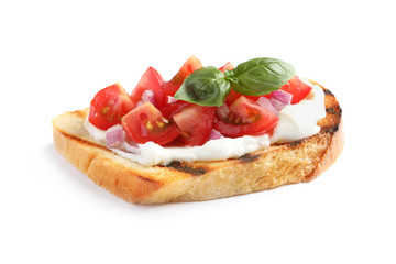 Tasty bruschetta with tomato on white background