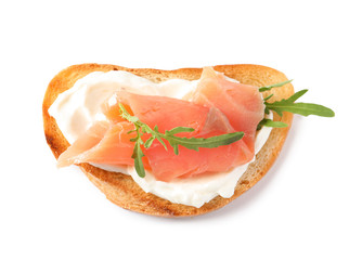 Tasty bruschetta with salmon and arugula on white background, top view