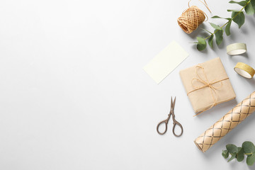 Flat lay composition with scissors on grey background. Space for text