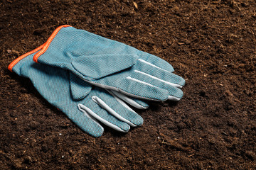 Pair of protective gloves for gardening on soil