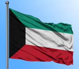 Obraz premium Kuwait flag waving in the deep blue sky background. Isolated national flag. Macro view shot.
