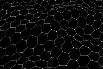 Futuristic black hexagon background. Futuristic honeycomb concept. Wave of particles. Data technology background. Vector illustration.