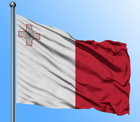 Malta flag waving in the deep blue sky background. Isolated national flag. Macro view shot.