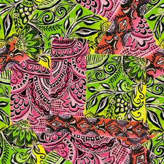 floral ornaments folk style in black and white drawings on green and pink colors
