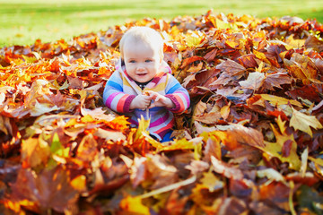 girl sitting in large heap of colorful autumn leaves on a fall day in park