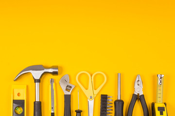 Set of various construction tools. Tools for home repair. Work at a construction site. Flatly. Flatlay.