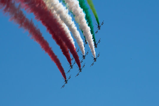 The Italian military air patrol of the Frecce Tricolori performs during the Republic Day on 2 June 2019 in Rome, spreading colorful fumes like Italian flag