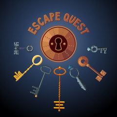 Quest game vector object. Vintage keys and lock. Escape room background. Door emblem.
