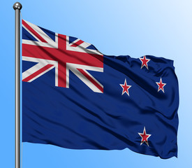 New Zealand flag waving in the deep blue sky background. Isolated national flag. Macro view shot.