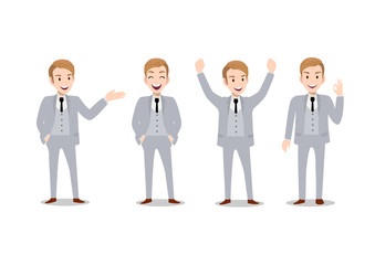 Fototapeta na wymiar Businessman cartoon character, set of four poses. Handsome business man in office style smart suit . Vector illustration