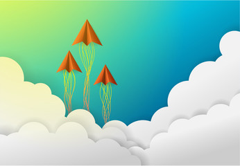 Paper airplane flying over the clouds Business concept design vector image.