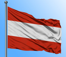 Austria flag waving in the deep blue sky background. Isolated national flag. Macro view shot.