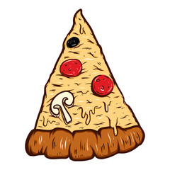 Hand drawn illustration of cut of pizza isolated on white background. Design element for poster, card, banner, t shirt, emblem, sign. Vector illustration