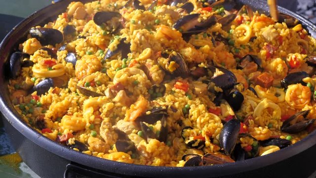 Making A Traditional Spanish Seafood Paella, Sequence Shot