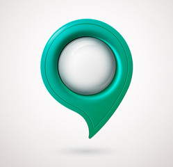 Plastic map location pointer with glowing glass bubble. Navigation icon for web, banner, logo or badge. 3d style. Vector illustration.