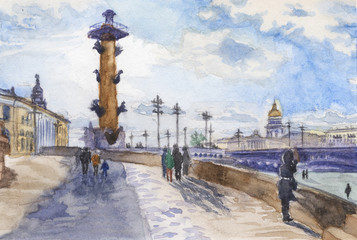 Fototapeta na wymiar Watercolor painting - S Peterburg sunset