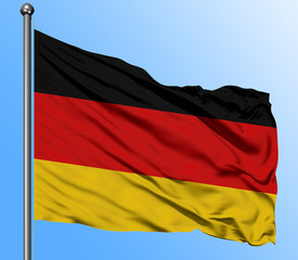 Germany flag waving in the deep blue sky background. Isolated national flag. Macro view shot.