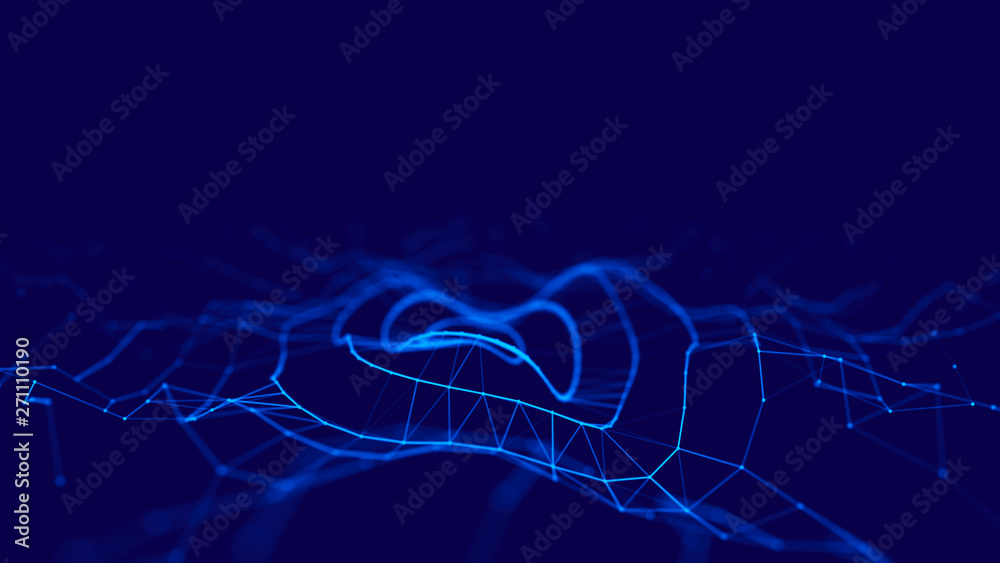 Poster Wave 3d. 3D blue glowing abstract background. Abstract background with a dynamic wave. Big data visualization. 3d rendering.