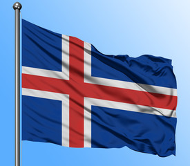 Iceland flag waving in the deep blue sky background. Isolated national flag. Macro view shot.
