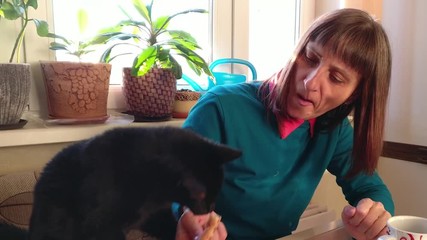 A hungry black cat on the dining table take off with the paw the biscuit from the sitting girl having breakfast with tea. Home life with an animal Home life with an animal, sitting girl having breakfa