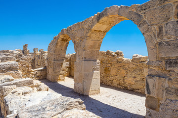 Limassol. Cyprus. Kourion. Preserved arches of the early Christian Basilica. The Nymphaeum Of Kourion ruins. Archaeological park Cyprus. Mediterranean antique history. Limassol landmarks travelling.