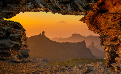 View from natural rock cave at Roque Nublo, Roque Bentaiga-Gran Canaria, Spain - obrazy, fototapety, plakaty