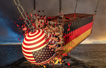 USA flag wrecking ball breaking a German container-3d illustration