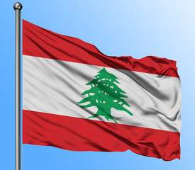 Lebanon flag waving in the deep blue sky background. Isolated national flag. Macro view shot.