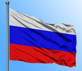 Russia flag waving in the deep blue sky background. Isolated national flag. Macro view shot.