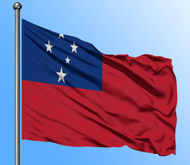 Samoa flag waving in the deep blue sky background. Isolated national flag. Macro view shot.