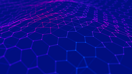 Futuristic blue hexagon background. Futuristic honeycomb concept. Wave of particles. 3D rendering. Data technology background