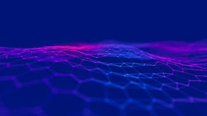 Futuristic blue hexagon background. Futuristic honeycomb concept. Wave of particles. 3D rendering. Data technology background