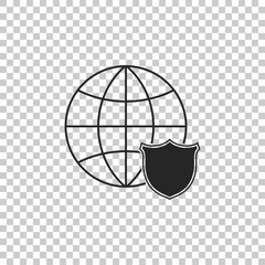 Shield with world globe icon isolated on transparent background. Security, safety, protection, privacy concept. Flat design. Vector Illustration