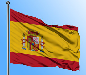 Fototapeta premium Spain flag waving in the deep blue sky background. Isolated national flag. Macro view shot.