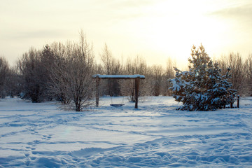 Winter landscape at dawn with large swings. Christmas trees and other trees in the snow. Yellow winter sun rises above the forest.