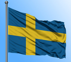 Sweden flag waving in the deep blue sky background. Isolated national flag. Macro view shot.
