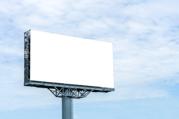 Blank billboard mockup with white screen against clouds and blue sky background. Copy space banner for advertisement - obrazy, fototapety, plakaty