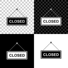 Hanging sign with text Closed door icon isolated on black, white and transparent background. Vector Illustration