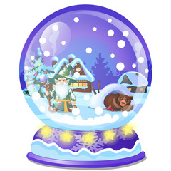 Christmas souvenir in the form of house in a glass ball isolated on white background. Sample of poster, party holiday invitation, festive card. Vector cartoon close-up illustration.