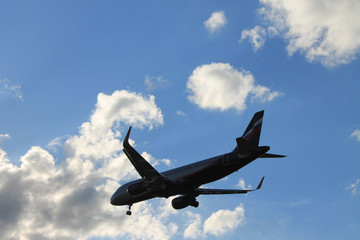 Fototapeta na wymiar Flying plane in the blue sky with clouds