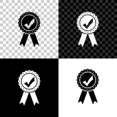 Approved or certified medal with ribbons and check mark icon isolated on black, white and transparent background. Vector Illustration