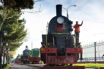Ancient diesel locomotives. Retro locomotives .. Black locomotive. Green locomotive. Railway and trains.