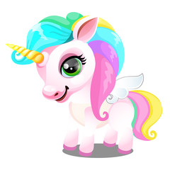 Cute unicorn pony with mane colors of rainbow isolated on white background. As a symbol of tolerance. Sample of poster, party holiday invitation, festive card. Vector cartoon close-up illustration.