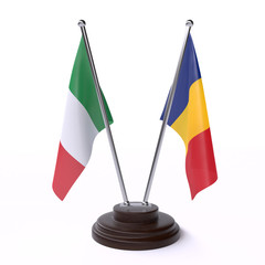 Italy and Romania, two table flags isolated on white background. 3d image