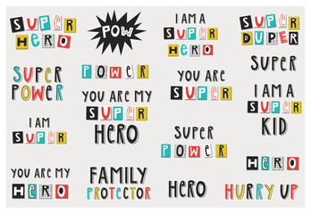 Big set of Super Hero lettering phrases and words. Vector illustration