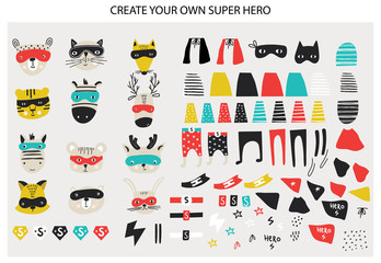 Super Hero collection. Big set of animal faces and Super Hero clothes and elements. Vector illustration