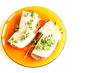 Orange plate with sandwich cheese and radish on a white table