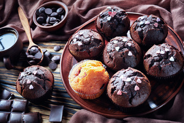 freshly baked sweet chocolate muffins, top view
