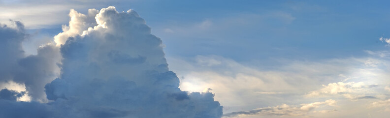 Full frame horizontal image bright blue grey white color stormy fluffy clouds, photo taken in island Samui, Asia Thailand,