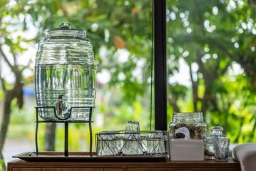 Water drink in glass water on table blurred nature